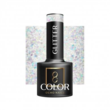 OCHO NAILS ilgalaikis hibridinis nagų lakas manikiūrui GLITTER G02, 5 g. OCHO NAILS ilgalaikis hibridinis nagų lakas manikiūrui GLITTER G02, 5 g.