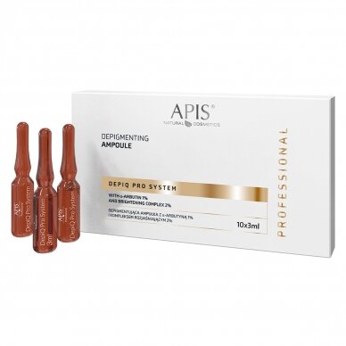 APIS DEPIQ PRO SYSTEM depigmentuojanti ampulė su α-arbutinu 1% ir šviesinimo kompleksu 2%, 10x3ml APIS DEPIQ PRO SYSTEM depigmentuojanti ampulė su α-arbutinu 1% ir šviesinimo kompleksu 2%, 10x3ml