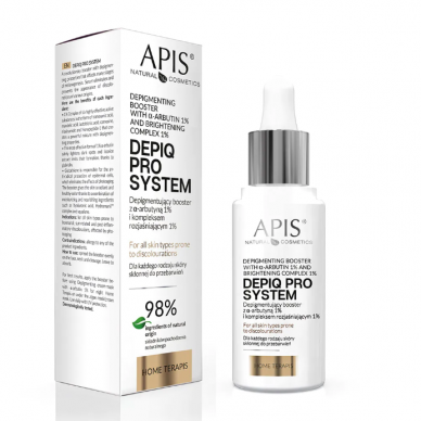 APIS DEPIQ PRO SYSTEM depigmentuojantis stiprintuvas su alfa-arbutinu 1% ir šviesinančiu kompleksu 1%, 30 ml APIS DEPIQ PRO SYSTEM depigmentuojantis stiprintuvas su alfa-arbutinu 1% ir šviesinančiu kompleksu 1%, 30 ml