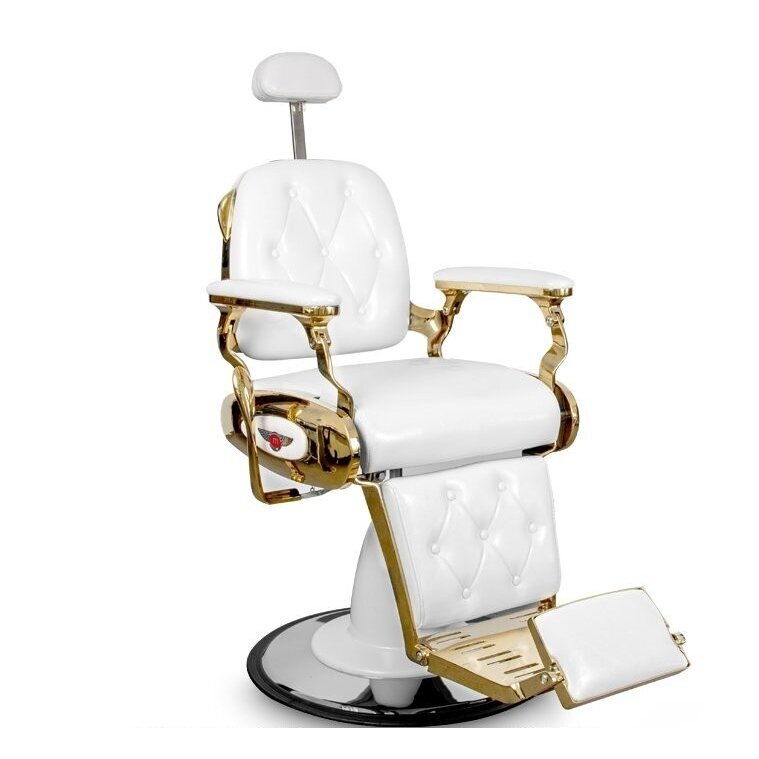 Profesionali barberio kėdė kirpykloms ir grožio salonams BARBER WHITE, baltos spalvos su aukso detalėm 1 Profesionali barberio kėdė kirpykloms ir grožio salonams BARBER WHITE, baltos spalvos su aukso detalėm 1