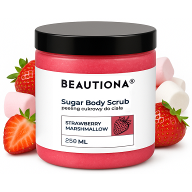 BEAUTIONA kūno šveitiklis su saldžiųjų migdolų aliejumi ir braškių bei zefyrų aromatu, 250 ml