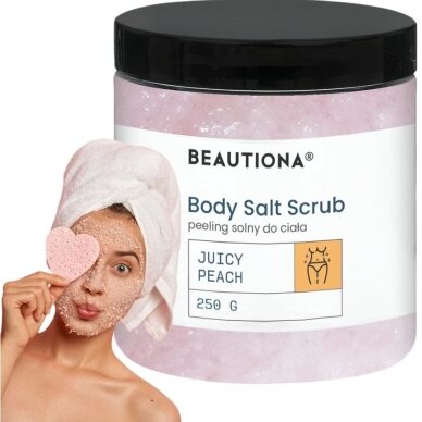 BEAUTIONA kūno šveitiklis su vitaminu E ir saldžiųjų migdolų aliejumi su persikų aromatu, 250 g BEAUTIONA kūno šveitiklis su vitaminu E ir saldžiųjų migdolų aliejumi su persikų aromatu, 250 g