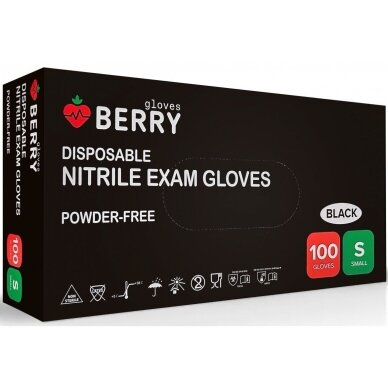 BERRY vienkartinės nitrilinės pirštinės juodos spalvos 100 vnt. 1 BERRY vienkartinės nitrilinės pirštinės juodos spalvos 100 vnt. 1