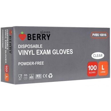BERRY vienkartinės vinilinės pirštinės be pudros (skaidrios, apsauginės), 100vnt 3 BERRY vienkartinės vinilinės pirštinės be pudros (skaidrios, apsauginės), 100vnt 3