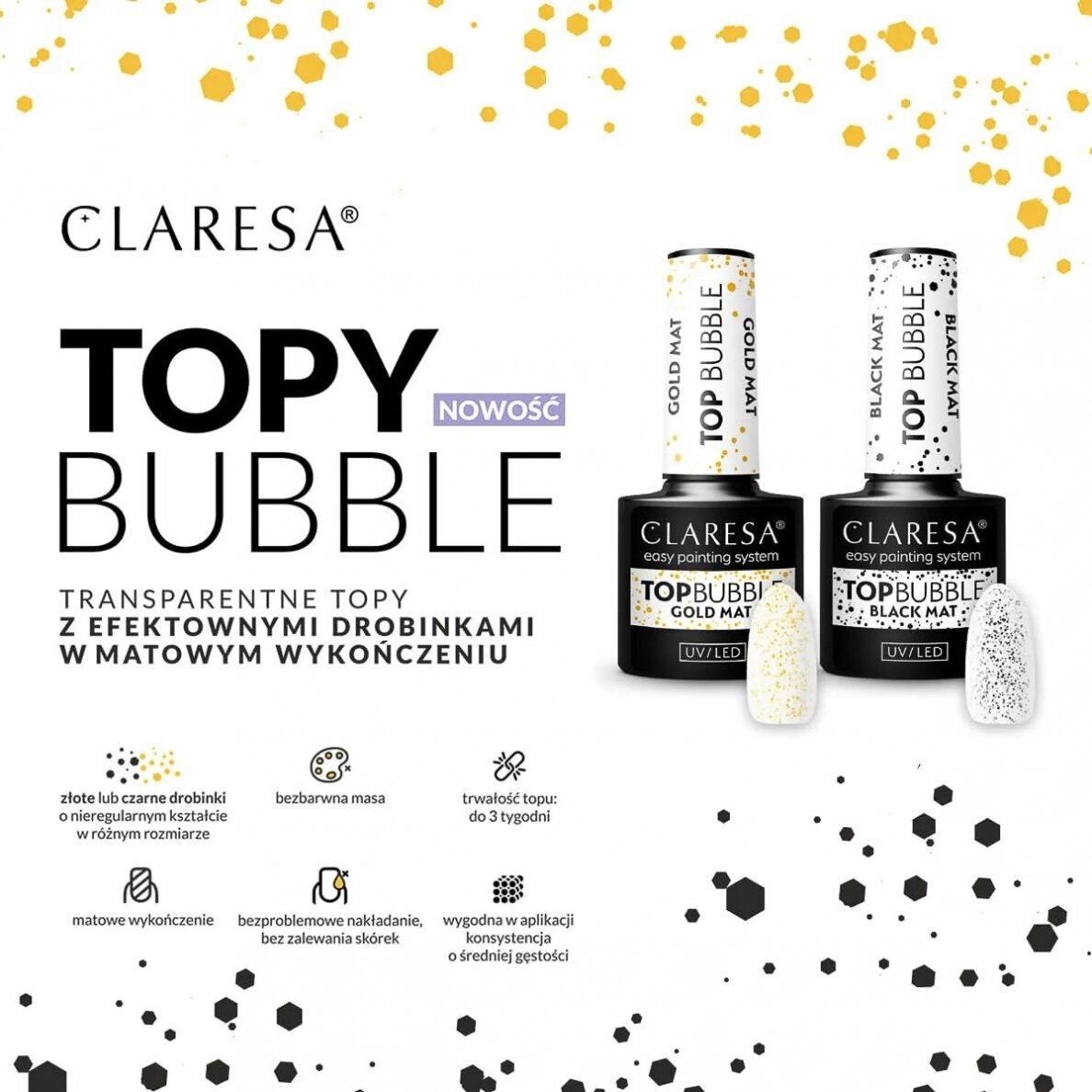 CLARESA hibridinis nagų lako viršutinis sluoksnis TOP BUBBLE BLACK MATT NO WIPE, 5 g. 1 CLARESA hibridinis nagų lako viršutinis sluoksnis TOP BUBBLE BLACK MATT NO WIPE, 5 g. 1