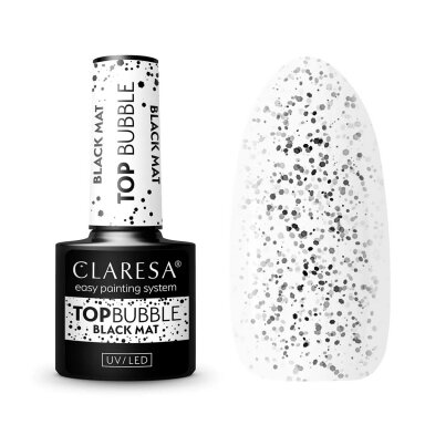 CLARESA hibridinis nagų lako viršutinis sluoksnis TOP BUBBLE BLACK MATT NO WIPE, 5 g. CLARESA hibridinis nagų lako viršutinis sluoksnis TOP BUBBLE BLACK MATT NO WIPE, 5 g.