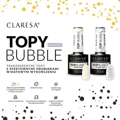 CLARESA hibridinis nagų lako viršutinis sluoksnis TOP BUBBLE BLACK MATT NO WIPE, 5 g. CLARESA hibridinis nagų lako viršutinis sluoksnis TOP BUBBLE BLACK MATT NO WIPE, 5 g.