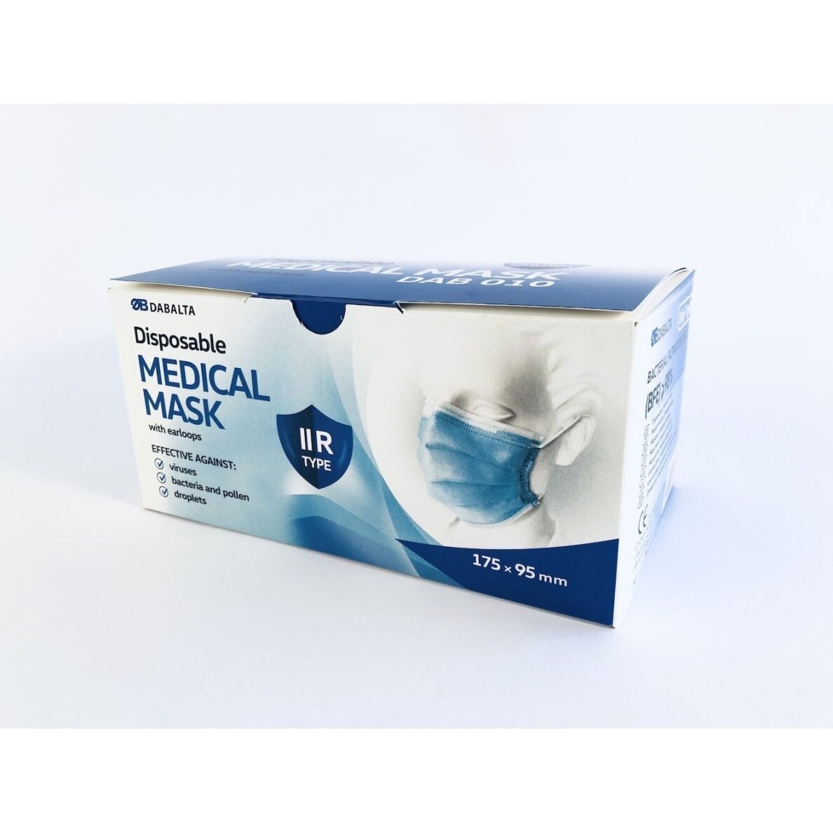 DAB 010 vienkartinė trijų sluoksnių medicininė kaukė su elastinėmis juostomis TYPE IIR , mėlynos spalvos