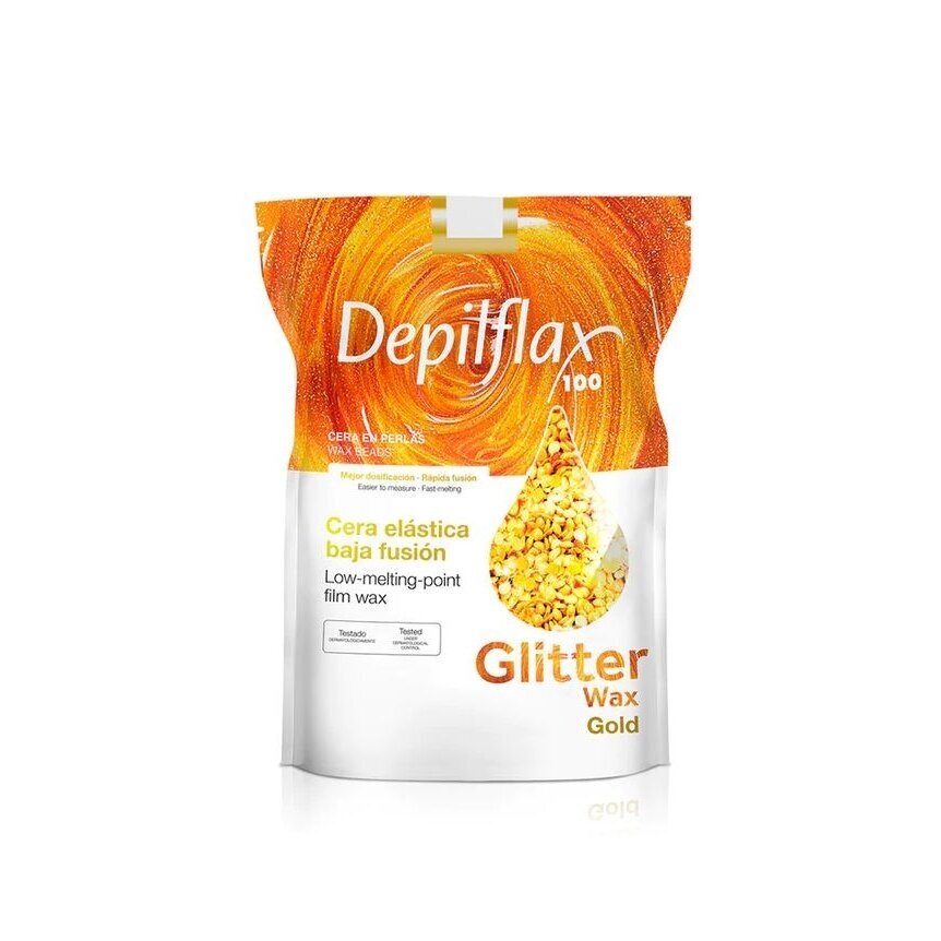 DEPILFLAX žemos lydymosi temperatūros žėrintis elastinis vaškas profesionalioms depiliacijos procedūroms GLITTER WAX GOLD, 1 kg.