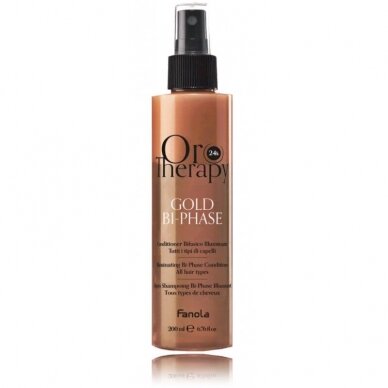 FANOLA ORO THERAPY purškiamas dvifazis plaukų kondicionierius minkštumui bei intensyviam plaukų drėkinimui GOLD BI-PHASE, 200 ml FANOLA ORO THERAPY purškiamas dvifazis plaukų kondicionierius minkštumui bei intensyviam plaukų drėkinimui GOLD BI-PHASE, 200 ml