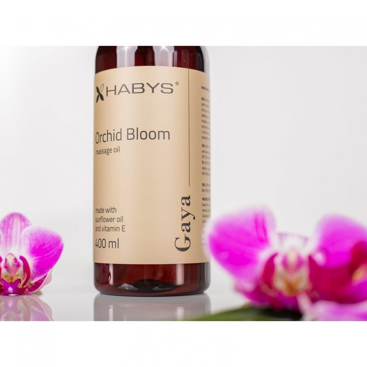 HABYS GAYA ORCHID BLOOM saulėgražų masažo aliejus su vitaminu E orchidėju kvapo, 400 ml 3 HABYS GAYA ORCHID BLOOM saulėgražų masažo aliejus su vitaminu E orchidėju kvapo, 400 ml 3