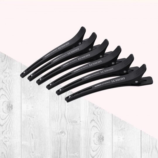 LUSSONI HR ACC CARBON CLIPS WITH BAND kirpykliniai plaukų segtukai-spaustukai 6 vnt. 3 LUSSONI HR ACC CARBON CLIPS WITH BAND kirpykliniai plaukų segtukai-spaustukai 6 vnt. 3