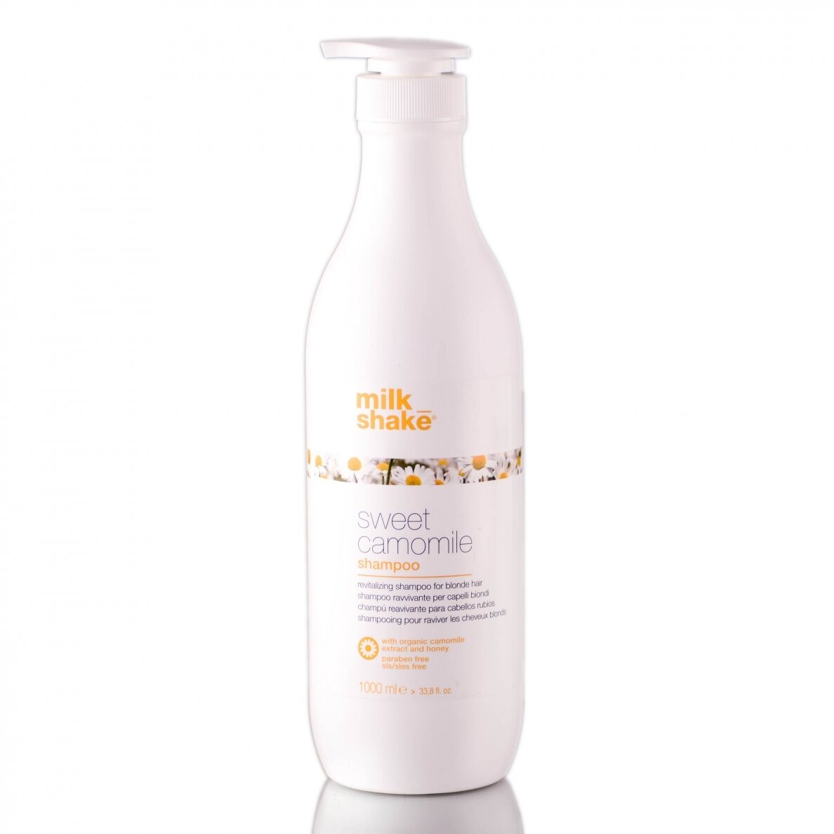 MILK SHAKE SWEET CAMOMILE SHAMPOO revitalizuojantis šampūnas šviesiems plaukams su ramūnių bei medaus ekstraktais, 1000 ml MILK SHAKE SWEET CAMOMILE SHAMPOO revitalizuojantis šampūnas šviesiems plaukams su ramūnių bei medaus ekstraktais, 1000 ml