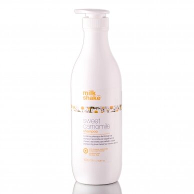 MILK SHAKE SWEET CAMOMILE SHAMPOO revitalizuojantis šampūnas šviesiems plaukams su ramūnių bei medaus ekstraktais, 1000 ml MILK SHAKE SWEET CAMOMILE SHAMPOO revitalizuojantis šampūnas šviesiems plaukams su ramūnių bei medaus ekstraktais, 1000 ml