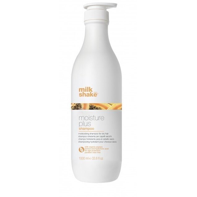MILK SHAKE MOISTURE PLUS SHAMPOO stipriai plaukus drėkinantis šampūnas su papajos ekstraktais bei hialuronu, 1000 ml MILK SHAKE MOISTURE PLUS SHAMPOO stipriai plaukus drėkinantis šampūnas su papajos ekstraktais bei hialuronu, 1000 ml
