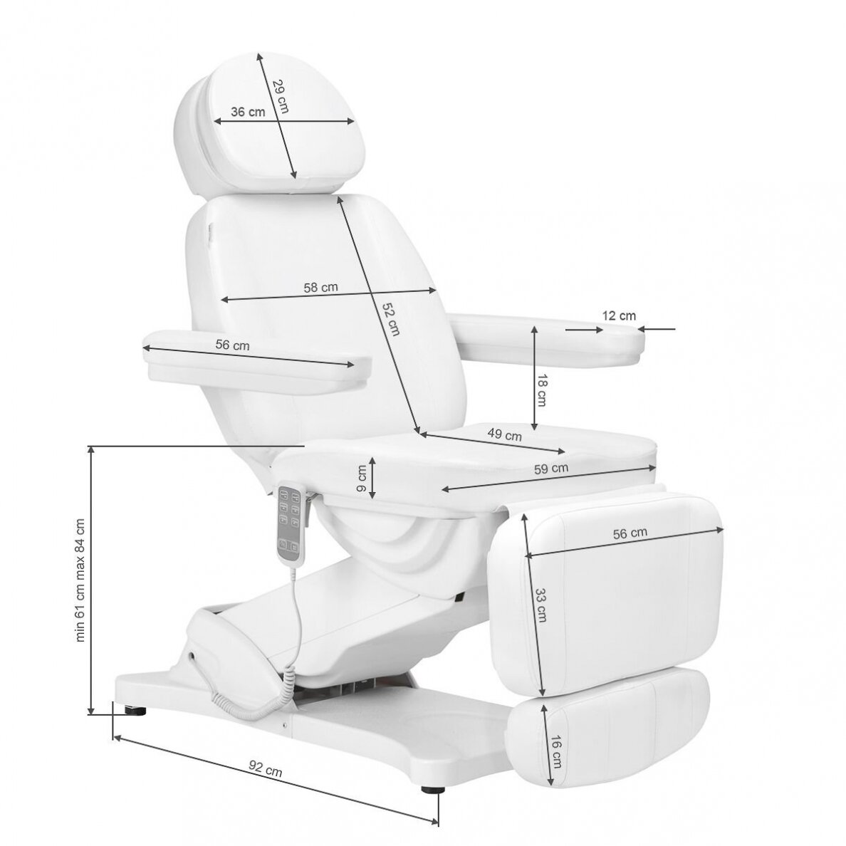 Profesionali elektrinė kosmetologinė kėdė - gultas SILLON CLASSIC su šildymo funkcija, 3 variklių, baltos spalvos 16 Profesionali elektrinė kosmetologinė kėdė - gultas SILLON CLASSIC su šildymo funkcija, 3 variklių, baltos spalvos 16