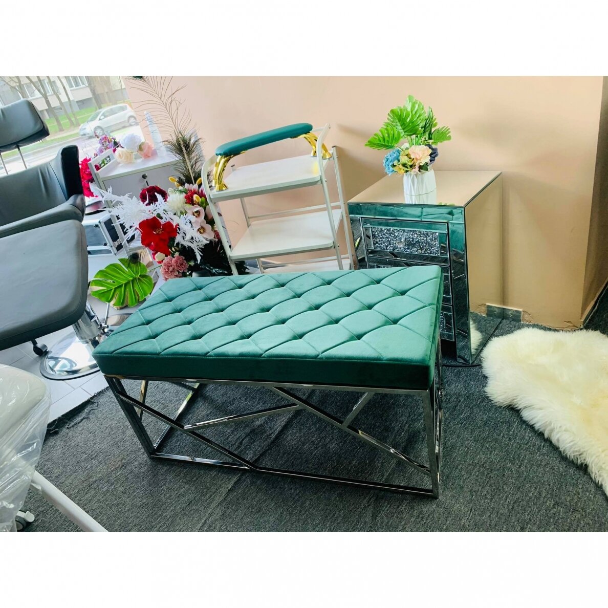 Laukiamojo sofa-suoliukas, žalios spalvos aksomas 7 Laukiamojo sofa-suoliukas, žalios spalvos aksomas 7
