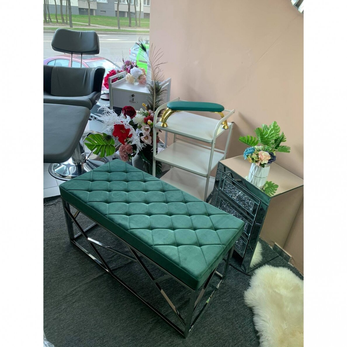 Laukiamojo sofa-suoliukas, žalios spalvos aksomas 6 Laukiamojo sofa-suoliukas, žalios spalvos aksomas 6