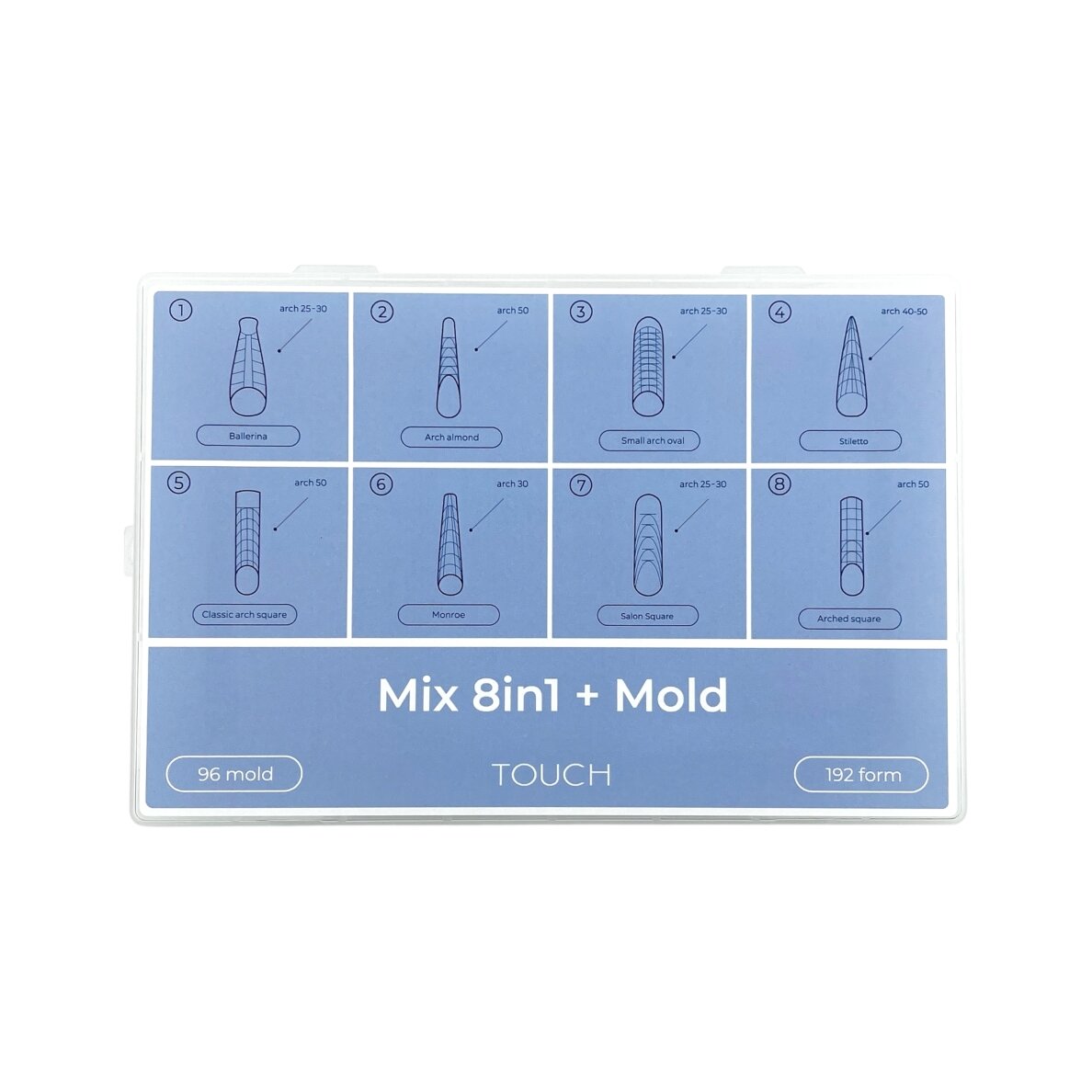 TOUCH NAILS viršutinės formelės ilgalaikiam nagų modeliavimui MIX 8in1 + mold 288pcs TOUCH NAILS viršutinės formelės ilgalaikiam nagų modeliavimui MIX 8in1 + mold 288pcs