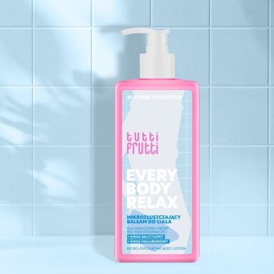 TUTTI FRUTTI EVERYBODY RELAX mikrošveičiamasis kūno balzamas #LycheeHydrator su salicilo rūgštimi ir hialurono rūgštimi, 250 ml TUTTI FRUTTI EVERYBODY RELAX mikrošveičiamasis kūno balzamas #LycheeHydrator su salicilo rūgštimi ir hialurono rūgštimi, 250 ml