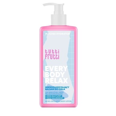 TUTTI FRUTTI EVERYBODY RELAX mikrošveičiamasis kūno balzamas #LycheeHydrator su salicilo rūgštimi ir hialurono rūgštimi, 250 ml TUTTI FRUTTI EVERYBODY RELAX mikrošveičiamasis kūno balzamas #LycheeHydrator su salicilo rūgštimi ir hialurono rūgštimi, 250 ml
