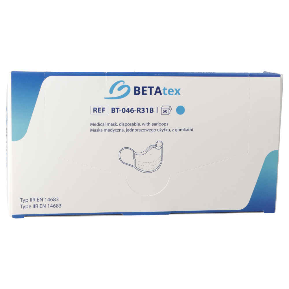 BETAtex vienkartinė trijų sluoksnių medicininė kaukė su elastinėmis juostomis, mėlynos spalvos 1 BETAtex vienkartinė trijų sluoksnių medicininė kaukė su elastinėmis juostomis, mėlynos spalvos 1
